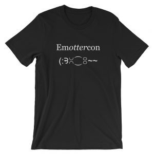Emottercon Unisex Short-sleeve T-shirt-black-front | Otter Things Black EmOTTERcon unisex T-shirt printed with "Emottercon" and a text-emoticon otter