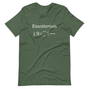 Emottercon Unisex Short-sleeve T-shirt-heather-forest-green-front | Otter Things Heather forest green EmOTTERcon unisex T-shirt with "Emottercon" and a text-emoticon otter