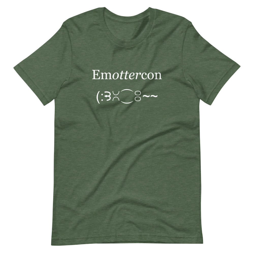 Emottercon Unisex Short-sleeve T-shirt-heather-forest-green-front | Otter Things Heather forest green EmOTTERcon unisex T-shirt with "Emottercon" and a text-emoticon otter