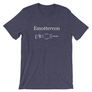 Emottercon Unisex Short-sleeve T-shirt-heather-midnight-navy-front-2 | Otter Things Heather midnight navy EmOTTERcon unisex T-shirt with "Emottercon" and a text-emoticon otter