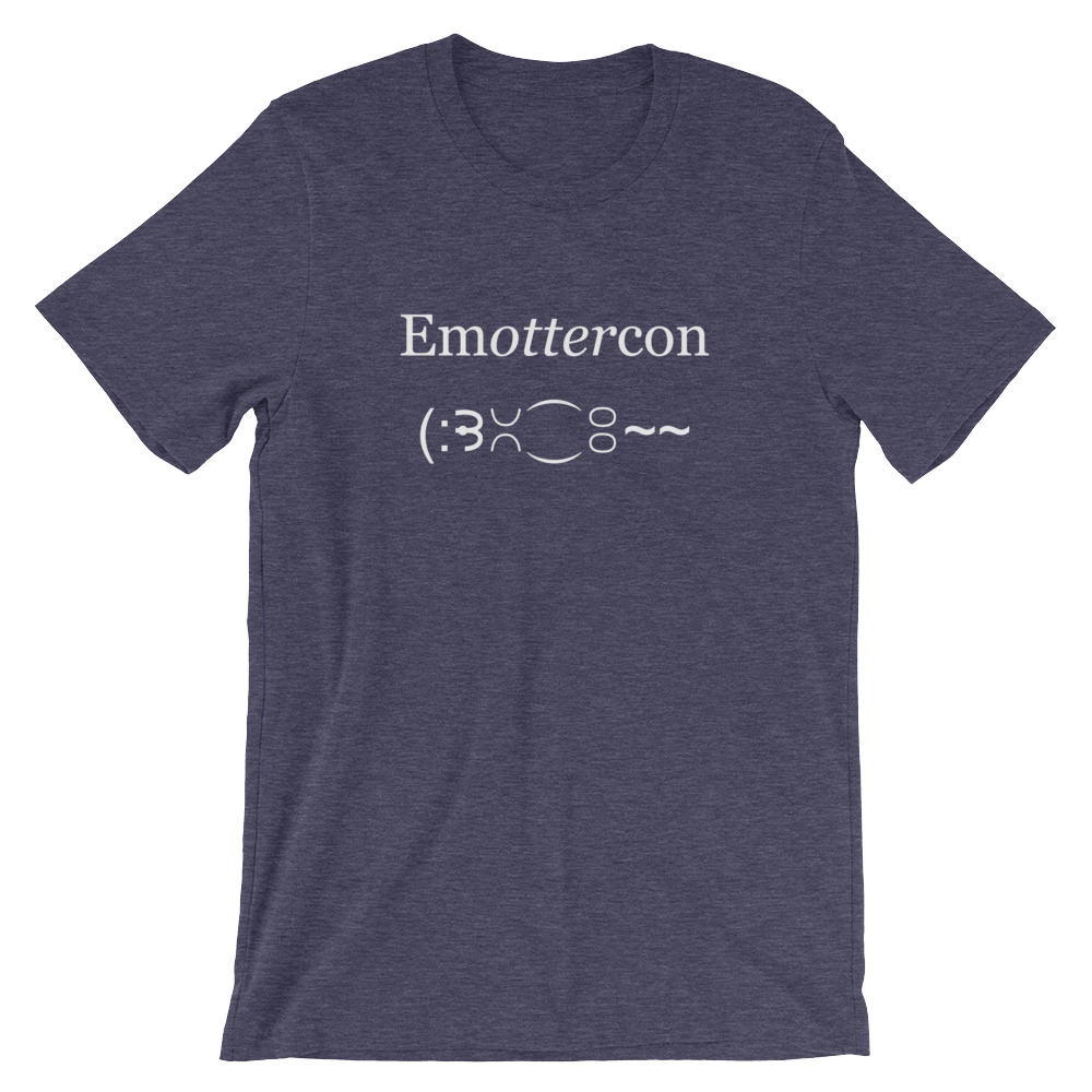Emottercon Unisex Short-sleeve T-shirt-heather-midnight-navy-front-2 | Otter Things Heather midnight navy EmOTTERcon unisex T-shirt with "Emottercon" and a text-emoticon otter