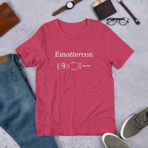 Emottercon Unisex Short-sleeve T-shirt-heather-raspberry-flat | Otter Things Heather raspberry EmOTTERcon T-shirt laid flat with jeans, sneakers, a watch and glasses