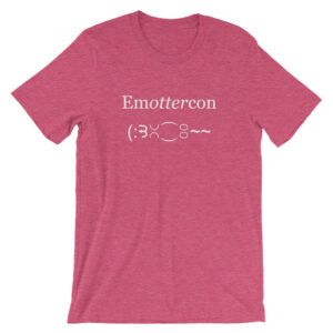 Heather raspberry EmOTTERcon unisex T-shirt with "Emottercon" and a text-emoticon otter