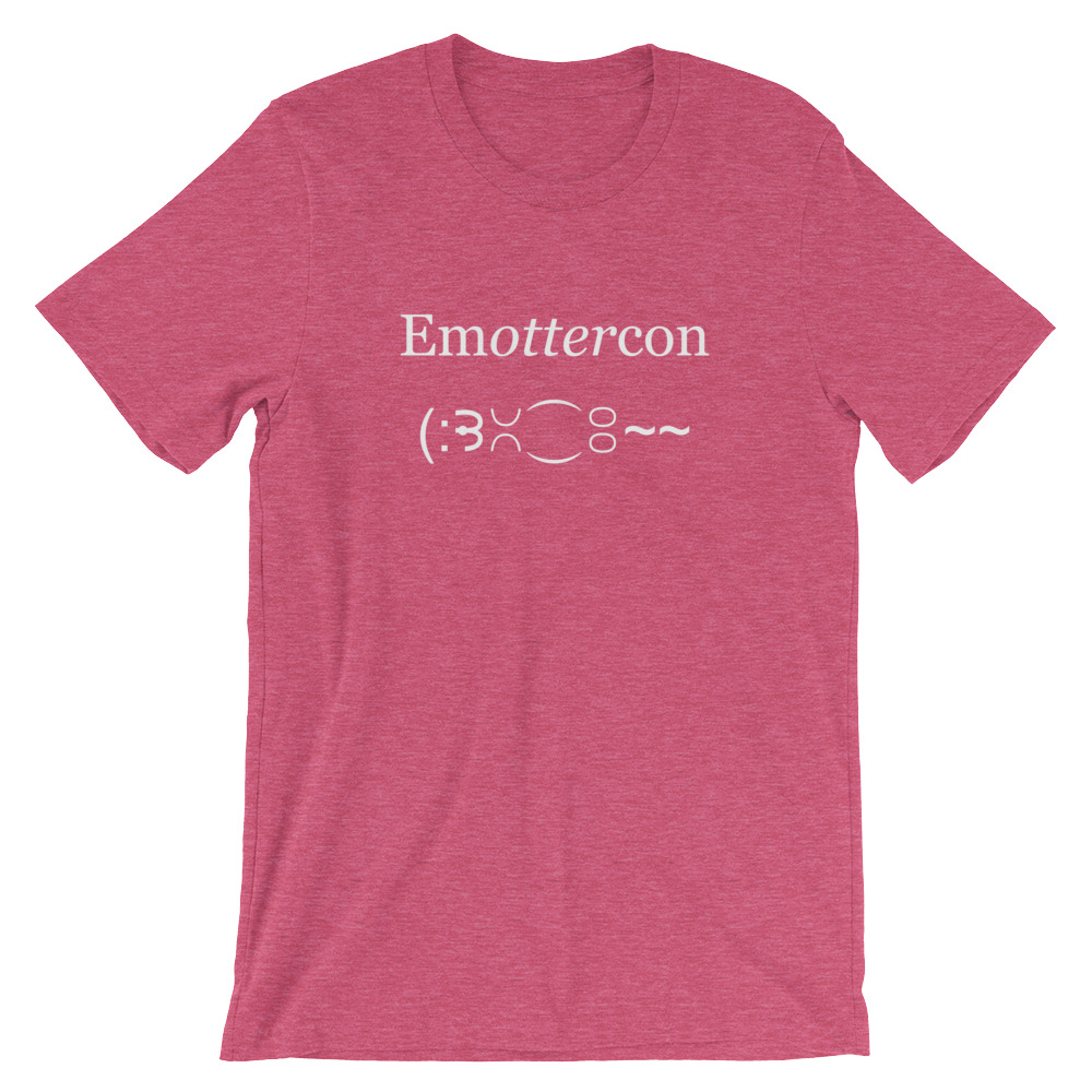 Emottercon Unisex Short-sleeve T-shirt-heather-raspberry-front | Otter Things Heather raspberry EmOTTERcon unisex T-shirt with "Emottercon" and a text-emoticon otter