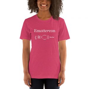 Emottercon Unisex Short-sleeve T-shirt-heather-raspberry-lifestyle | Otter Things Person wearing the heather raspberry EmOTTERcon unisex T-shirt