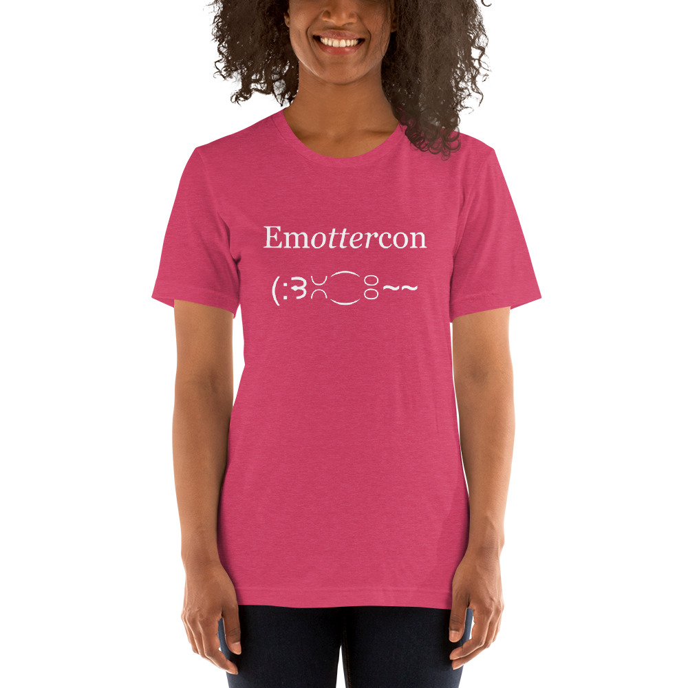 Emottercon Unisex Short-sleeve T-shirt-heather-raspberry-lifestyle | Otter Things Person wearing the heather raspberry EmOTTERcon unisex T-shirt