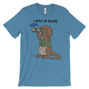 Ocean blue I Otter Be Birding T-shirt: an otter with binoculars and a bluebird on its head