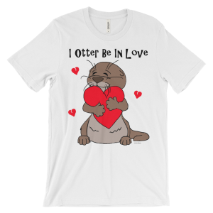 White I Otter Be In Love T-shirt: a cartoon otter hugging a big red heart among small hearts