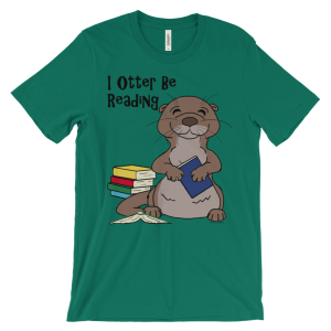 Kelly green I Otter Be Reading T-shirt: a cartoon otter hugging a book by a stack of books