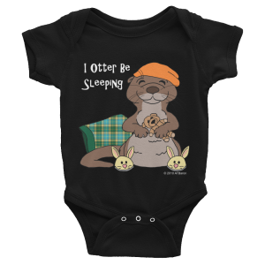 Black I Otter Be Sleeping baby bodysuit with a sleepy otter in bunny slippers