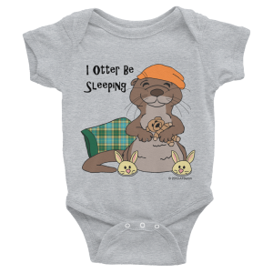 Heather grey I Otter Be Sleeping baby bodysuit with a sleepy otter in bunny slippers
