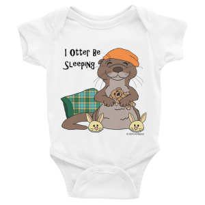 I Otter Be Sleeping Baby Bodysuit-white-front | Otter Things White I Otter Be Sleeping baby bodysuit: a sleepy otter in a nightcap and bunny slippers beside a plaid pillow