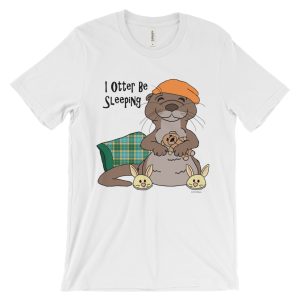 I Otter Be Sleeping Unisex Short-sleeve T-shirt-white-front | Otter Things White I Otter Be Sleeping T-shirt: a sleepy otter in an orange nightcap hugging a teddy bear