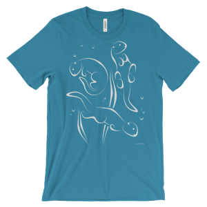 Otters Swimming Unisex Short-sleeve T-shirt-aqua-front | Otter Things Aqua Otters Swimming T-shirt with white line art of two swimming otters