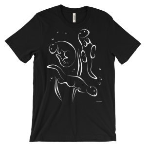 Otters Swimming Unisex Short-sleeve T-shirt-black-front | Otter Things Black Otters Swimming T-shirt with white line art of two otters swirling through bubbles