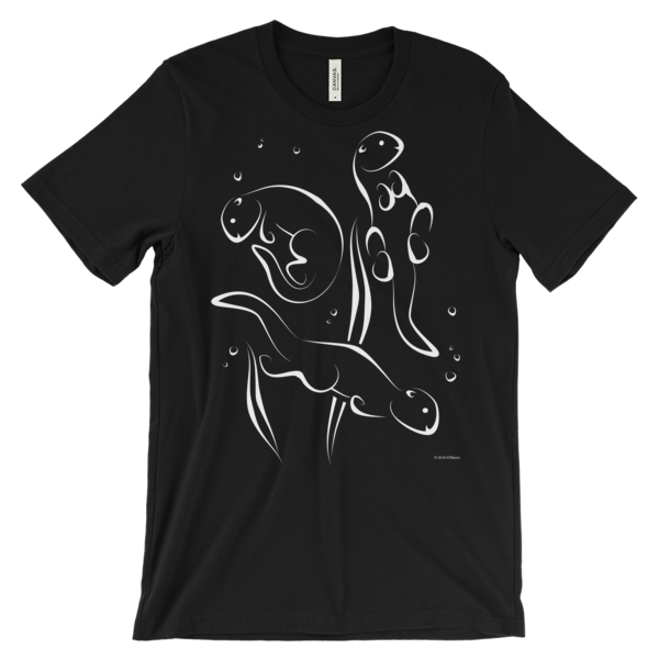 Otters Swimming Unisex Short-sleeve T-shirt-black-front | Otter Things Black Otters Swimming T-shirt with white line art of two otters swirling through bubbles