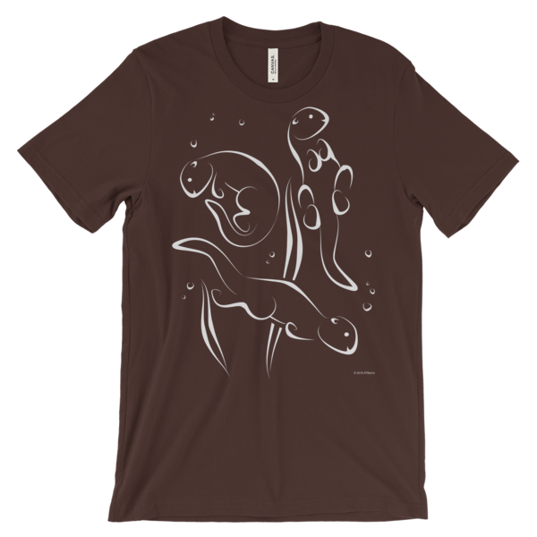 Otters Swimming Unisex Short-sleeve T-shirt-brown-front | Otter Things Brown Otters Swimming T-shirt with white line art of two swimming otters