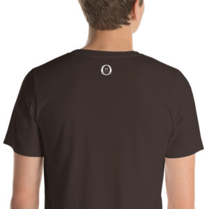 Otters Swimming Unisex Short-sleeve T-shirt-brown-zoomed-in | Otter Things Back of a brown T-shirt on a person, with a small Otter Things logo below the collar