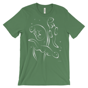 Otters Swimming Unisex Short-sleeve T-shirt-leaf-front | Otter Things Leaf green Otters Swimming T-shirt with white line art of two swimming otters