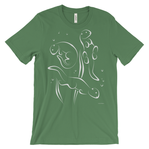 Otters Swimming Unisex Short-sleeve T-shirt-leaf-front | Otter Things Leaf green Otters Swimming T-shirt with white line art of two swimming otters