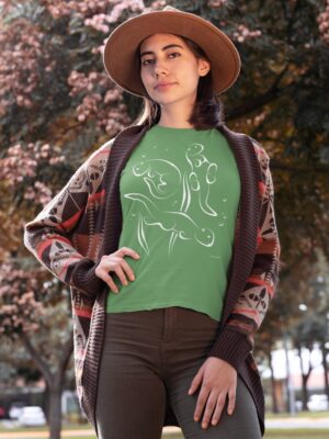 Otters Swimming Unisex Short-sleeve T-shirt-leaf-lifestyle | Otter Things Person in a hat and plaid shirt wearing the leaf green Otters Swimming T-shirt