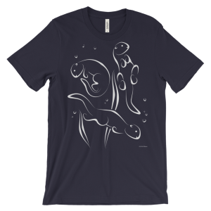 Otters Swimming Unisex Short-sleeve T-shirt-navy-front | Otter Things Navy Otters Swimming T-shirt with white line art of two swimming otters