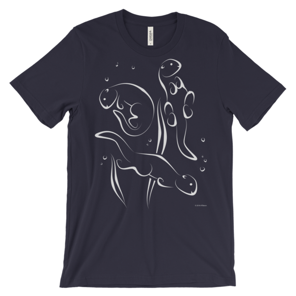 Otters Swimming Unisex Short-sleeve T-shirt-navy-front | Otter Things Navy Otters Swimming T-shirt with white line art of two swimming otters
