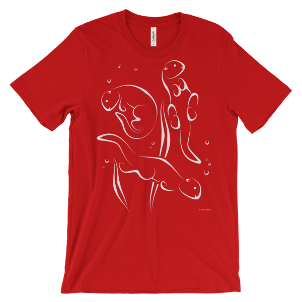 Otters Swimming Unisex Short-sleeve T-shirt-red-front | Otter Things Red Otters Swimming T-shirt with white line art of two swimming otters