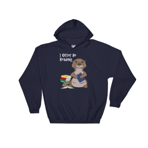 Navy I Otter Be Reading unisex hoodie with an otter hugging a book by a stack of books