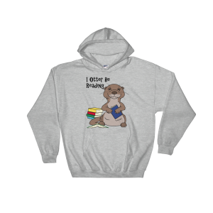 Sport grey I Otter Be Reading unisex hoodie: an otter hugging a book by stacked books