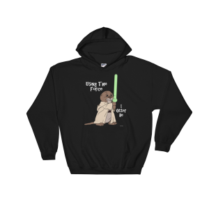 Black I Otter Be Using The Force unisex hoodie: a robed otter holding a glowing green saber