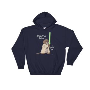 Navy I Otter Be Using The Force unisex hoodie with a robed otter and glowing green saber
