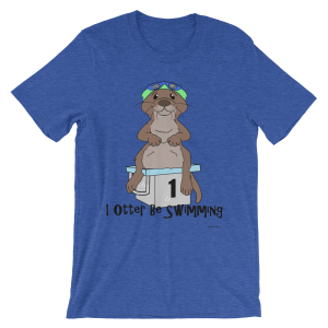Heather true royal I Otter Be Swimming T-shirt with an otter swimmer on a starting block