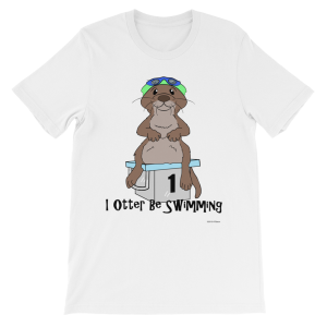White I Otter Be Swimming T-shirt: an otter in goggles on a number 1 starting block