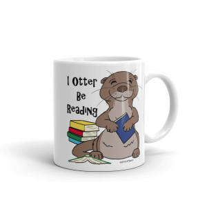 I Otter Be Reading Mug-white-11oz-handle-on-right | Otter Things White 11 oz I Otter Be Reading mug: an otter hugging a book beside a stack of books