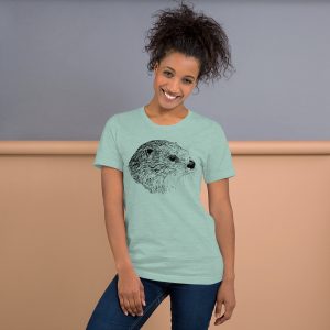 Pen & Ink River Otter Head Unisex T-Shirt_mockup_Front_Womens-Lifestyle_Heather-Prism-Dusty-Blue