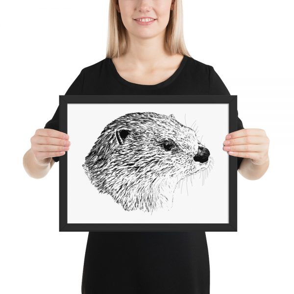 Pen & Ink River Otter Head Framed Poster with Person Mockup 12x16 in