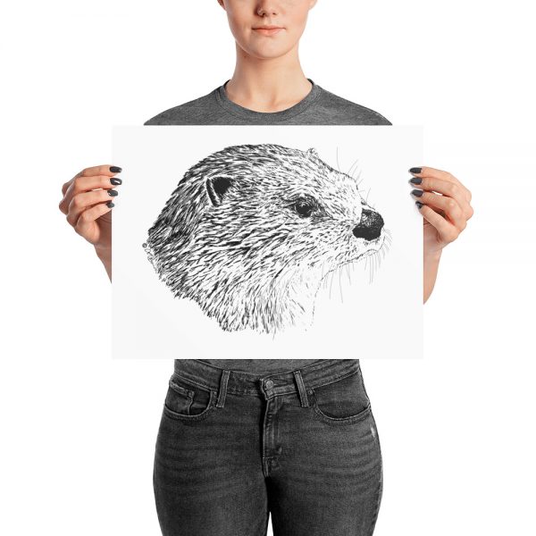 Pen & Ink River Otter Head Poster with Person Mockup 12x16 in