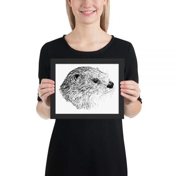 Pen & Ink River Otter Head Framed Poster with Person Mockup 8x10 in