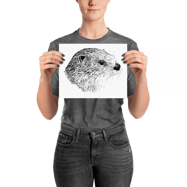 Pen & Ink River Otter Head Poster with Person Mockup 8x10 in