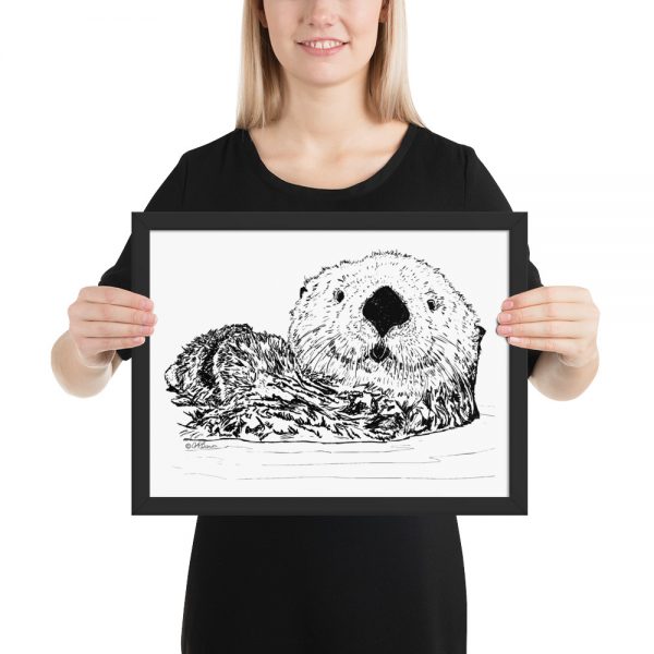 Pen & Ink Sea Otter Head Framed Poster with Person Mockup 12x16 in
