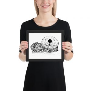 Pen & Ink Sea Otter Head Framed Poster with Person Mockup 8x10 in