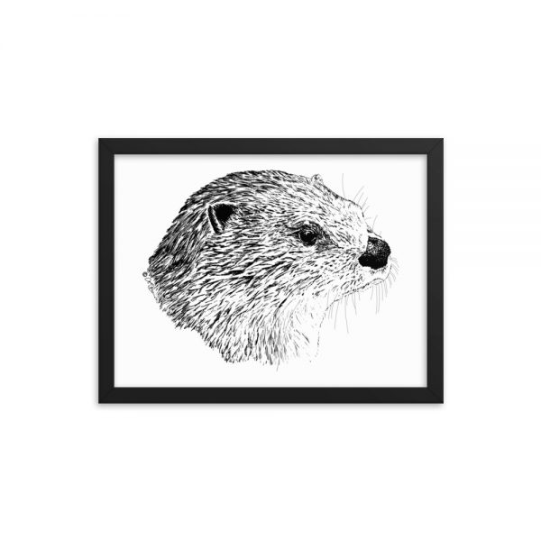 Pen & Ink River Otter Head Black Framed Poster Mockup 12x16 in
