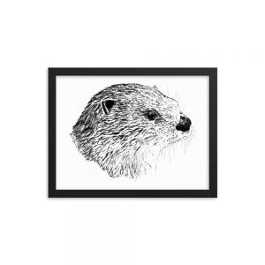 Pen & Ink River Otter Head framed poster, 12x16, in a black frame with a white mat