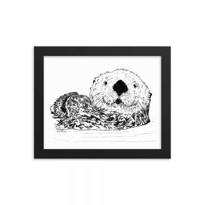 Pen & Ink Sea Otter Head framed poster, 8x10, in a black frame with a white mat
