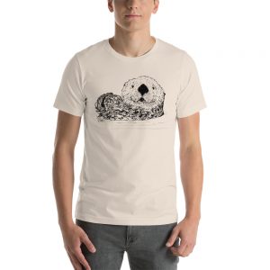 Man wearing the soft cream Pen & Ink Sea Otter Head unisex T-shirt