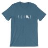 Heather deep teal River Otter Heartbeat unisex T-shirt with a white heartbeat line forming an otter