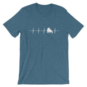 Heather deep teal River Otter Heartbeat unisex T-shirt with a white heartbeat line forming an otter