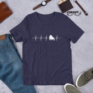 Heather midnight navy River Otter Heartbeat T-shirt laid flat with jeans, sneakers and a watch
