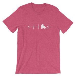 Heather raspberry River Otter Heartbeat unisex T-shirt with a white otter heartbeat line